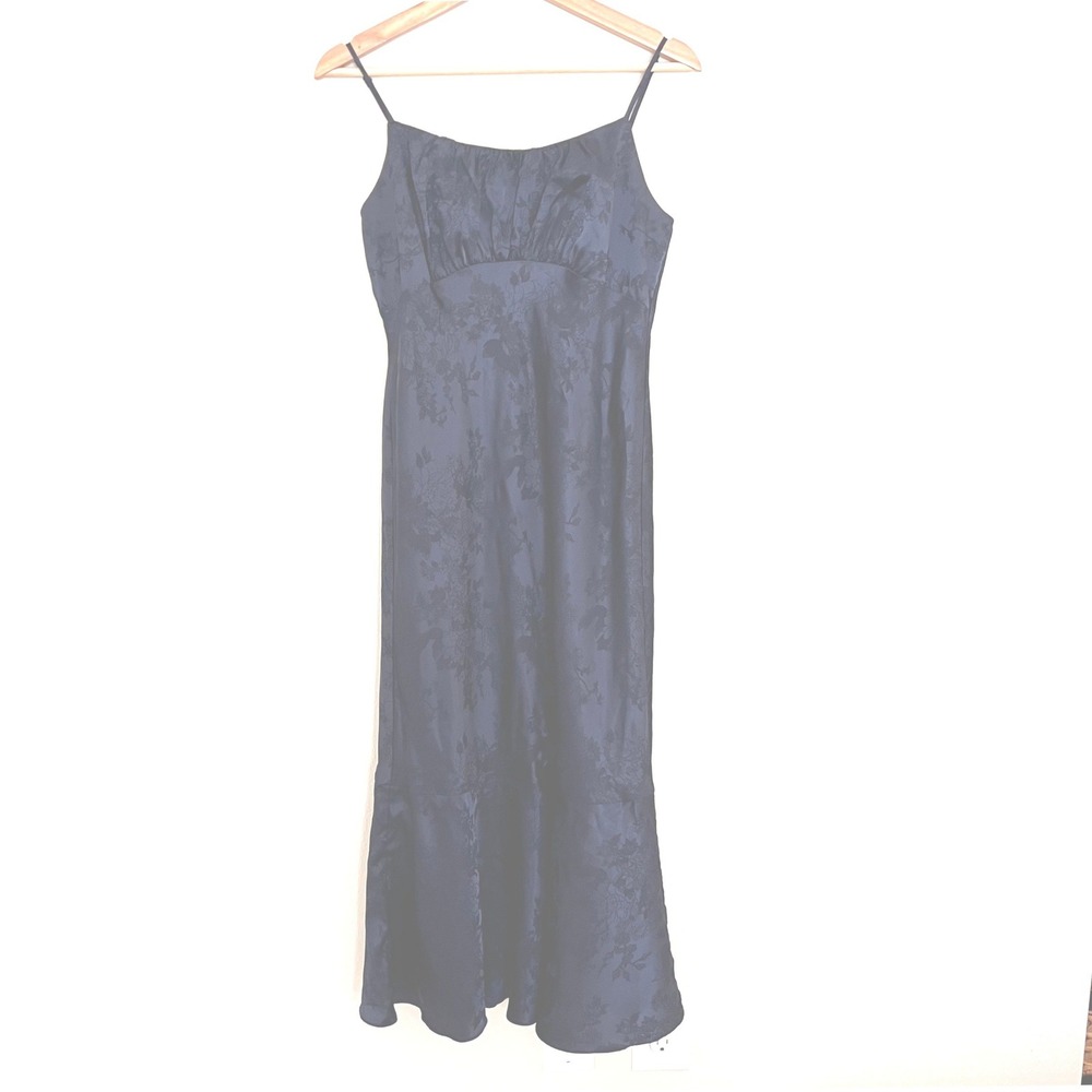 Navy Blue Floral Jacquard Satin Midi Dress Goth Fairy Festival Womens's Small